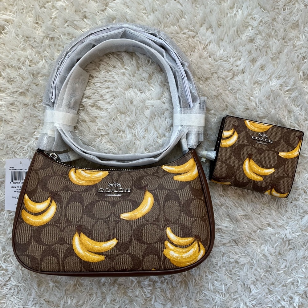Coach Brown Banana Print Bag and Wallet Set